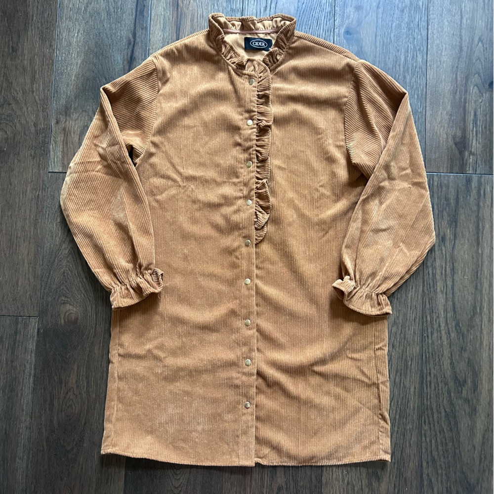 CIDER corduroy ruffle-neck button-down dress